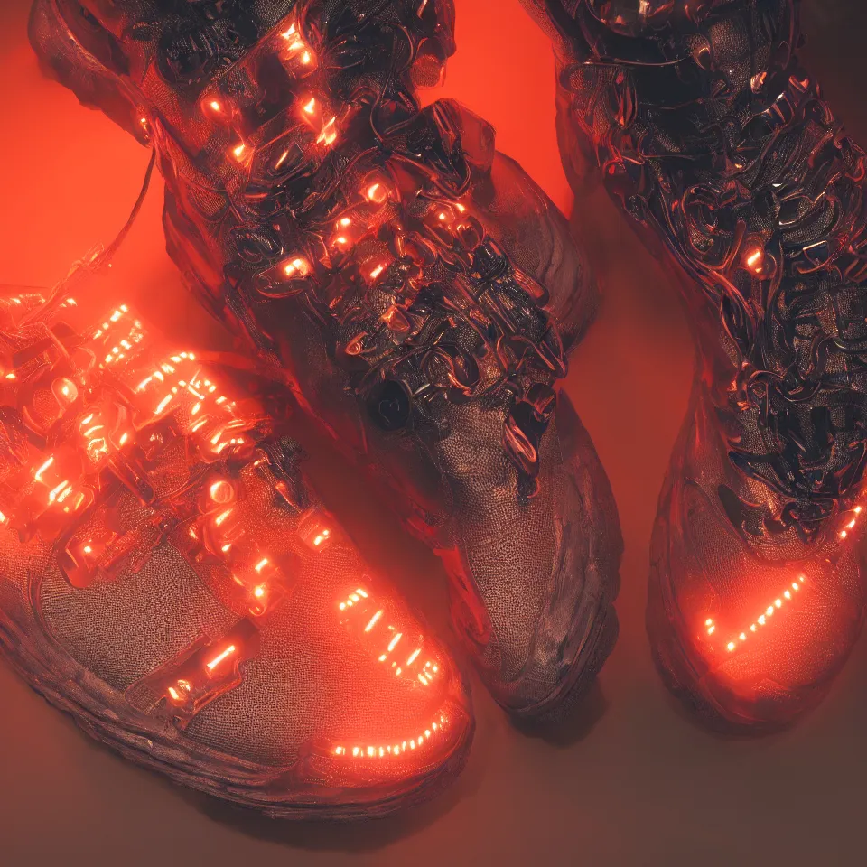 Image similar to realistic 8 k sculpture of a cyberpunk sneaker with neon illuminated rubber soles and soft orange shoelaces, beautiful studio lighting, soft, sharp focus, cyberpunk, intricate detail, gold and red accents, soft rubber, octane render, trending on artstation, deviantart, art by converse