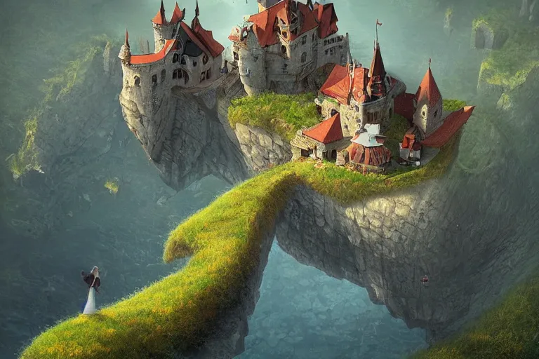 Image similar to an enchanting castle on a cliff by gediminas pranckevicius, overlooking a beautiful vast landscape by, aerial view