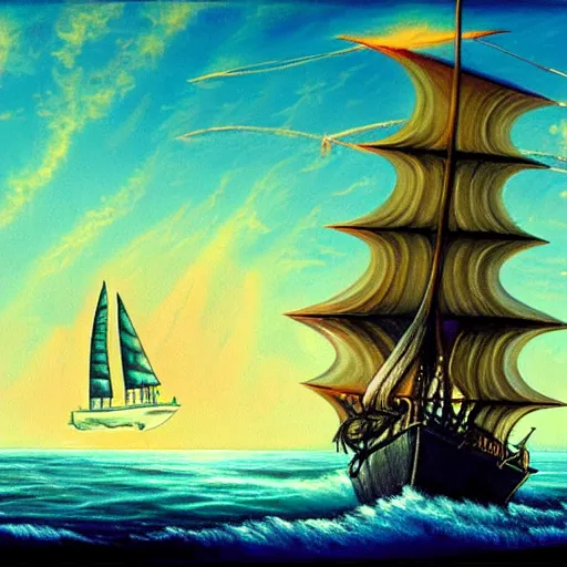 Prompt: a sailing ship off the shore of a beautiful coast with a distant ominous biopunk tower filled with evil technology glowing in the distance, painting by John Berkley