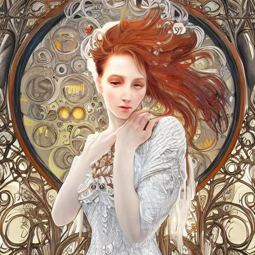 Image similar to a photograpic portrait of a anthropomorphic mimosa wearing white clothes, fantasy, intricate, elegant, highly detailed, digital painting, artstation, concept art, smooth, sharp focus, illustration, art by artgerm and H R Giger and alphonse mucha