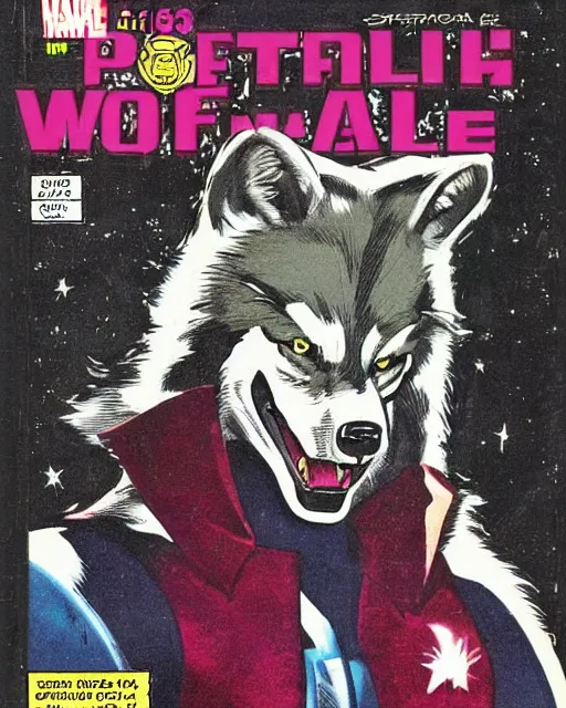 Prompt: 1 9 8 0 s comic book cover scan featuring a portrait of villain male wolf o'donnell anthropomorphic wolf from starfox wearing a dark space mercenary uniform, dark grey wolf, handsome eyes