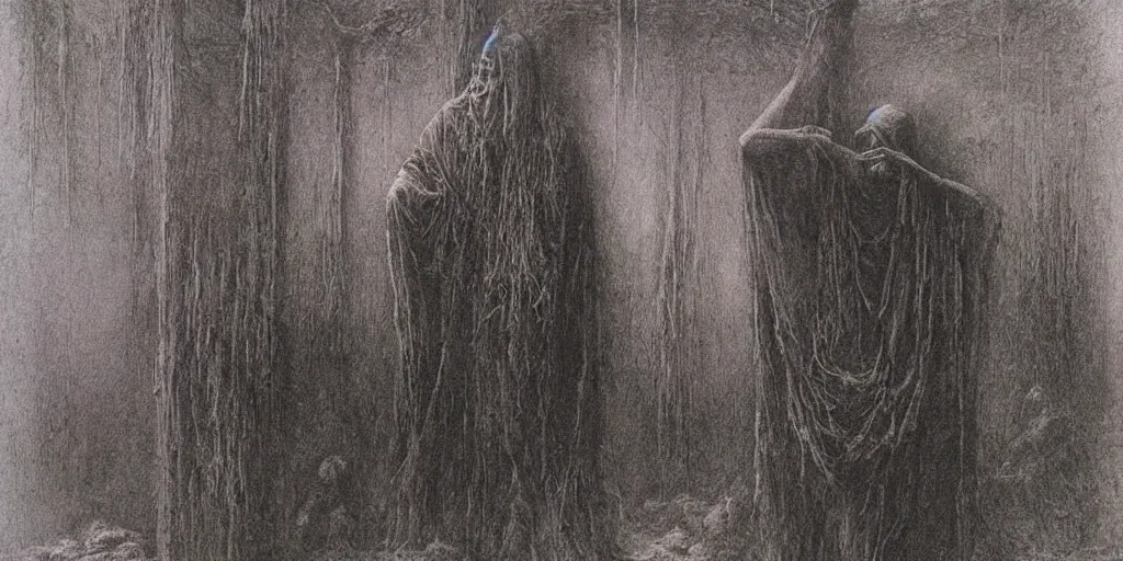 Image similar to ((black magic sorcerer with a book of spells)) by Beksinski, Luis Royo