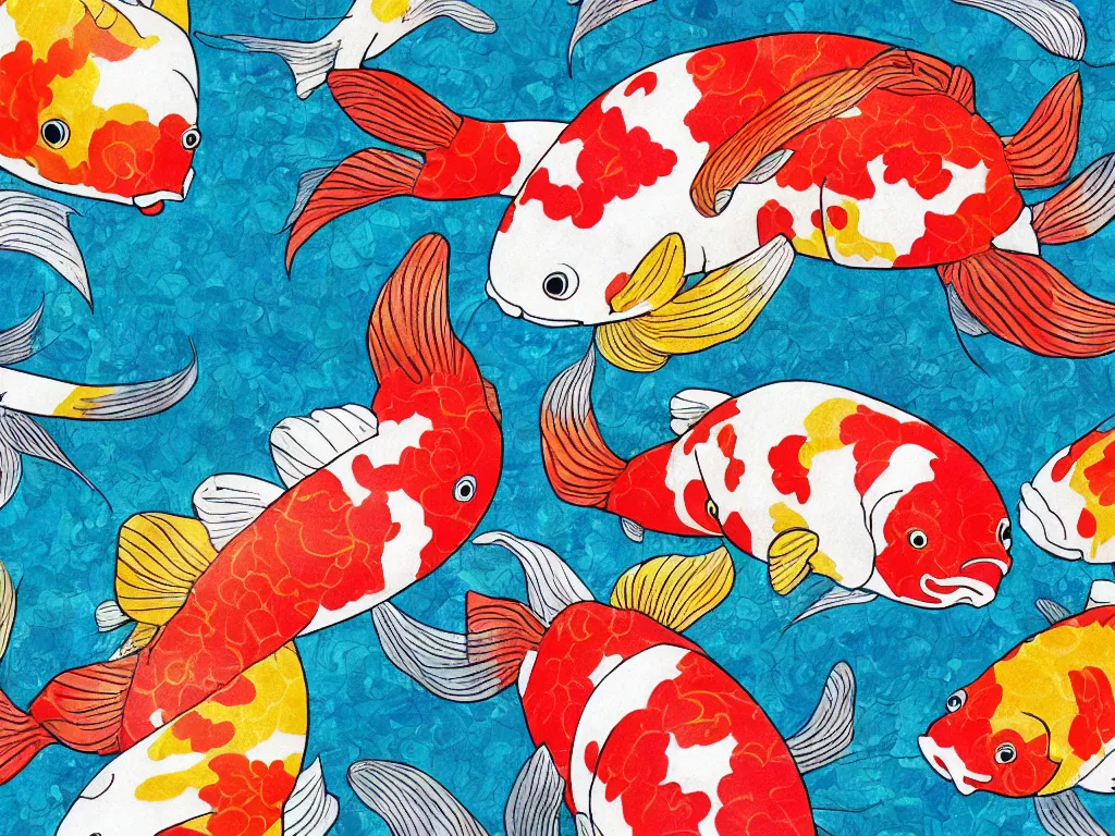 Image similar to colorful koi carp collage illustration pattern, digital painting, highly detailed, intricate, elegant, artstation, concept art, colorful, beautiful, studio ghibli, aoshima chiho, takashi murakami, manga, cute and adorable