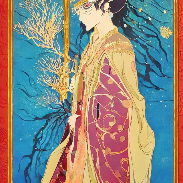 Prompt: the lone priestess of the anemone reef. this gouache and gold leaf work by the award - winning mangaka has beautiful color contrasts.