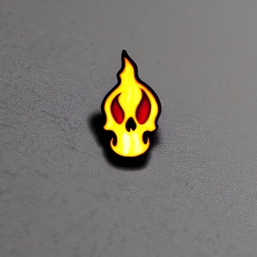 Image similar to a retro vintage minimalistic smiling skull with fire flame enamel pin, hd, concept art