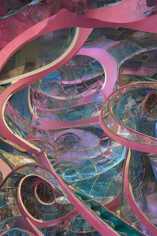 Image similar to hyperrealistic abstract close-up Renaissance psychedelic!! Frank Wright's architecture turns into biotech Zarhi Khalid's architecture!!! in the form of a mobius strip on a mountain landscape!!! parts of the house hang as consoles in the form of lily petals, octane render, hd