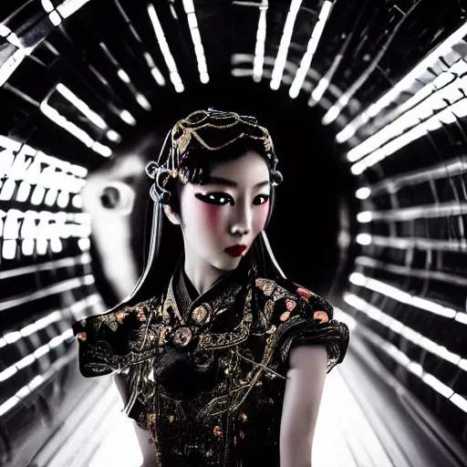 Prompt: closeup photo of beautiful sexy Chinese ancient princess standing in the tunel in the space ship segment,symmetrical face, big eyes and lips, Erotic face expression, ornamental jewelry and ancient sexy clothes, futuristic space ship interrior, wires with lights,depth of field, lens flare, moody lighting, moody photography, vintage old photo, black and white, sepia, cinematic lighting, cinematic angle, editorial photography