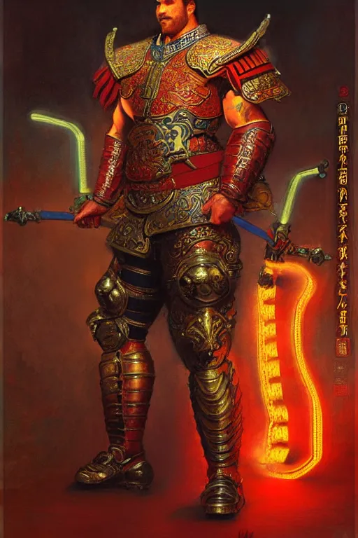 Prompt: attractive beefy male with armor, ming dynasty, character design, colorful, neon lights, painting by gaston bussiere, craig mullins, j. c. leyendecker, tom of finland