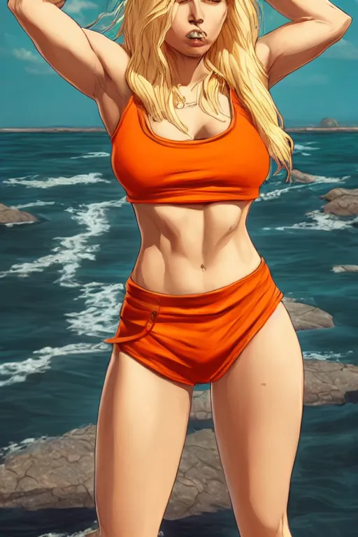 Image similar to a gorgeous hulking beast of a woman with very long hip-length blonde hair, wearing a cut-off white top and orange cut-off shorts standing by the water, in the style of artgerm and moebius and annie liebovitz, marvel comics, photorealistic, highly detailed, trending on artstation