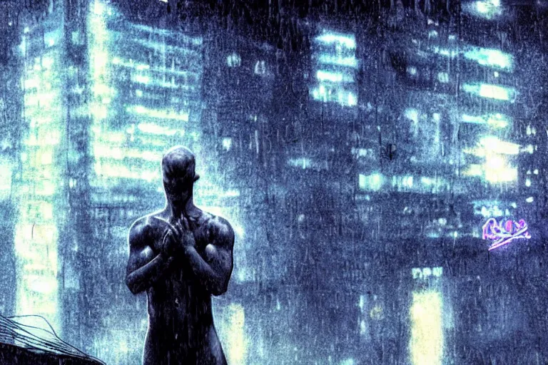 Image similar to roy batty with a bare torso sits in the lotus position with his head bowed in the rain on the roof of a building in the cyberpunk future, around neon signs, a little haze, night, realistic proportions, anime style ghost in armor