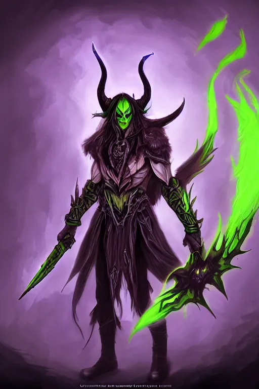 Image similar to illidan the elf demon hunter with band that cover his eyes with demon wings from world of warcraft with background digital painting trending on artstation