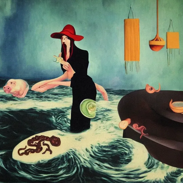 Image similar to tall emo female artist holding a pig's trotter in her flooded kitchen, pomegranates, octopus, water gushing from ceiling, painting of flood waters inside an artist's apartment, a river flooding indoors, ikebana, zen, rapids, waterfall, black swans, canoe, berries, acrylic on canvas, surrealist, by magritte and monet