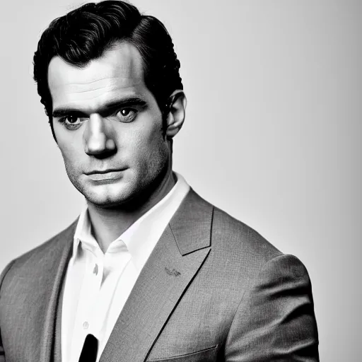 Image similar to a studio portrait of henry cavill as the next james bond, black and white, 5 0 mm 1. 2 lens, low key lighting