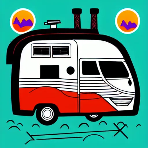 Image similar to stylized line art graphic of a white and black cute thor chateau! motorhome camper!!, mountains, colorful sunset!!, line art by tom whalen