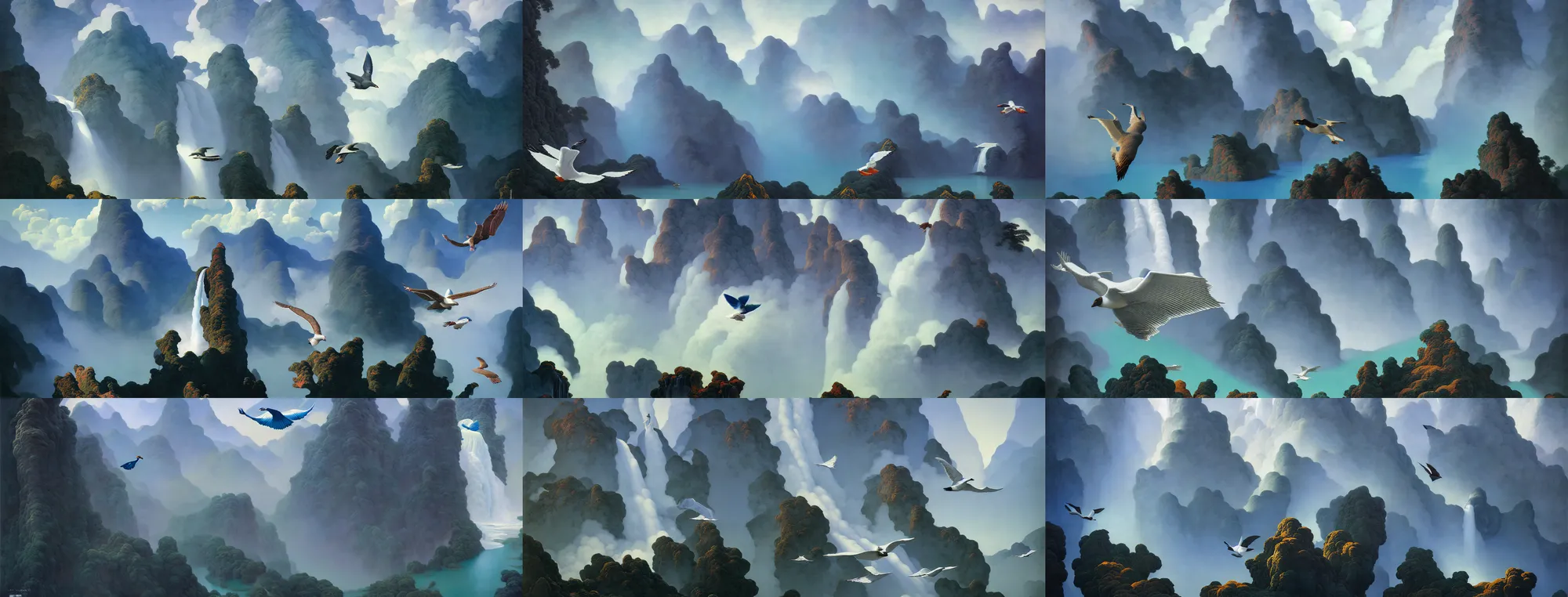 Image similar to flying wild goose arraya through the clouds. gorgeous aerial view painting by barlowe wayne maxfield parrish and marco mazzoni. sapa in china. grey blue. ultra clear detailed. 3 d, octane render. waterfall. turbulent blood lake. 8 k