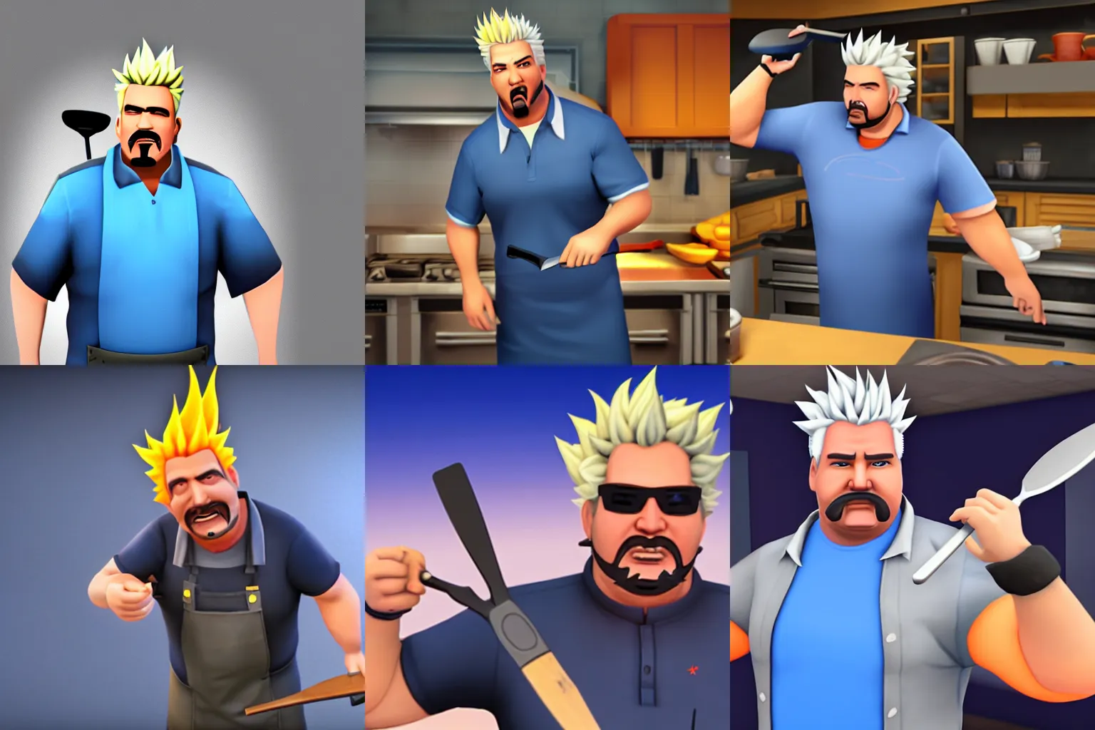 Prompt: Guy Fieri holding a spatula and wearing blue polo and a gray apron, Team Fortress 2 gameplay screenshot, volumetric lighting, Unreal Engine 5, minimal shading
