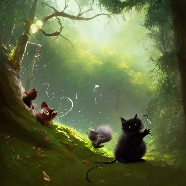 Prompt: a beautiful painting of a cute black kitten catching a mouse in a forest. disney character design by cory loftis, fenghua zhong, ryohei hase, ismail inceoglu and ruan jia. artstation, volumetric light, detailed, photorealistic, rendered in octane