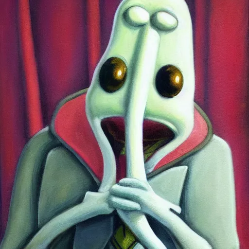 Prompt: squidward wearing an ornate suit, portrait style painting