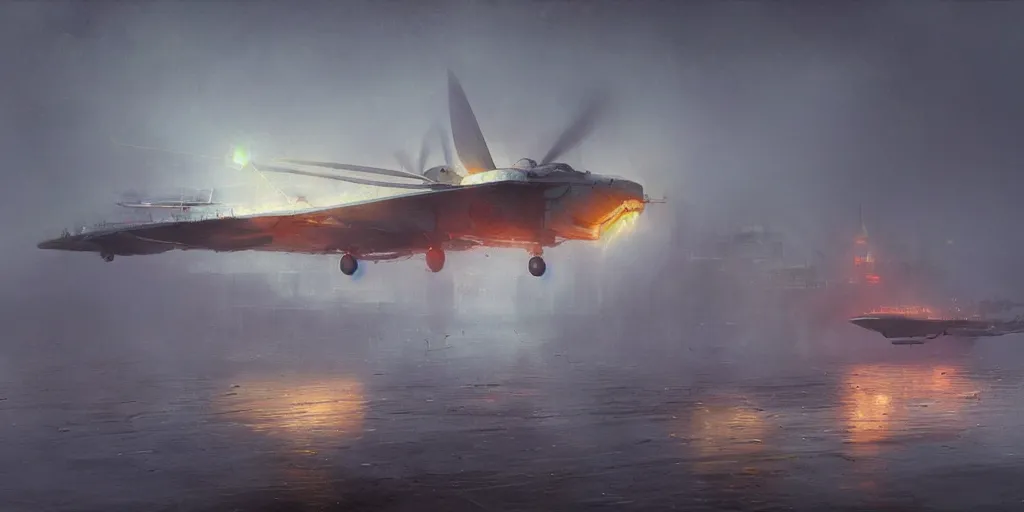 Prompt: on a foggy morning, a giant glowing butterfly perches on an aircraft carrier stranded on the coast, by craig mullins