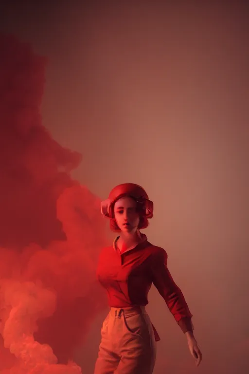 Image similar to a vintage photograph of a communist girl, strong subsurface scattering, red smoke, gold cables, dramatic lighting, stunning scene, highly detailed, concept art, octane render, trending on artstation