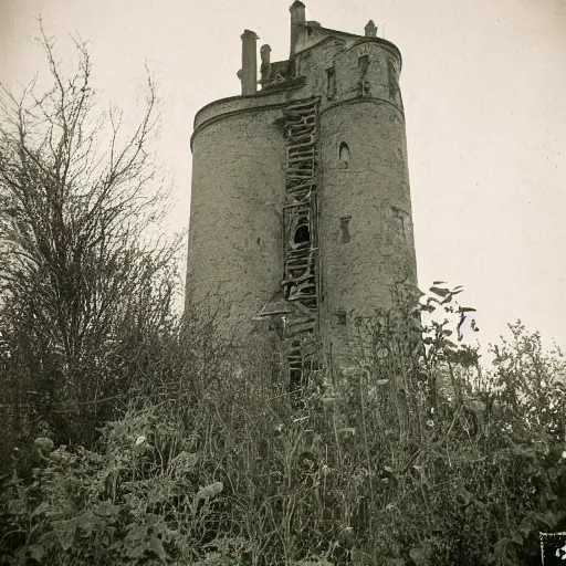 Prompt: Photograph of the abandoned wizard\'s tower in the overgrown garden. Unknown F64 photographer..