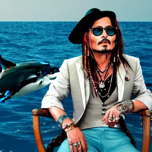 Image similar to johnny depp as a woman, sitting on a yacht, with dolphins in the water, cinematic, ultra realistic