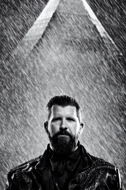 Image similar to portrait of Gavin Mcinnes in the Black Panther, close-up, sigma male, rule of thirds, award winning photo, highly detailed features, raining, ethereal lighting, Egypt Pyramid backdrop