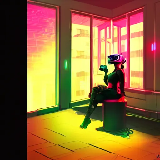 Image similar to matte painting of a woman in vr headset sitting in cyberpunk room behind the window, neon glow, by masamune shirow