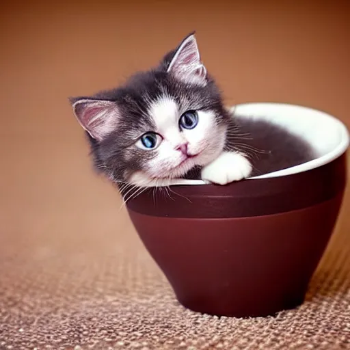 Image similar to very very very very very very very cute chibi adorable beautiful munchkin cat in a cup, professional foot photography