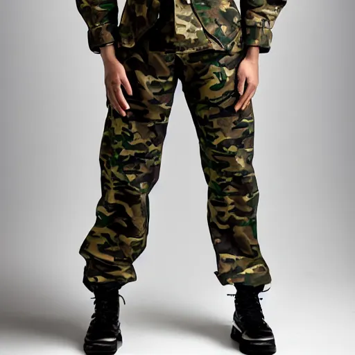 Prompt: handsome shirtless korean military man, male model, camo pants, camo military cap, studio photograph