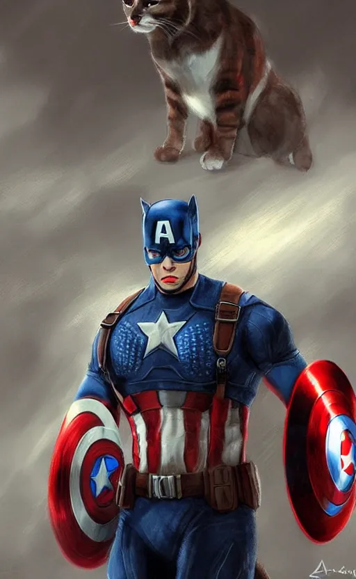 Prompt: cat as captain america, dynamic lighting, cinematic, ultra detailed, trending on art station, stunning visuals, creative, fantasy concept art