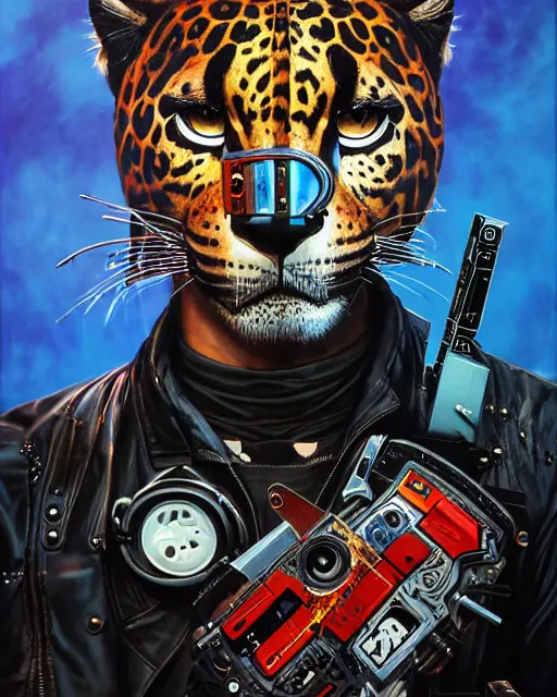 Image similar to a portrait of an anthropomorphic cyberpunk jaguar by sandra chevrier, by jon foster, detailed render, pistol in holster, tape deck, epic composition, cybernetics, 4 k realistic, cryengine, realistic shaded lighting, sharp focus, masterpiece, by enki bilal