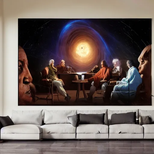 Image similar to Sokrates, Platon and Einstein discussing about general relativity, ultra high definition fantasy art, volumetric lighting