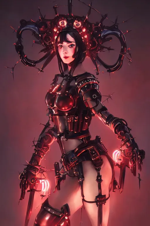 Image similar to Portrait of beautiful pale smiling cyborg goth anime maiden in bikini armor with crown of thorns and glowing red eyes, steampunc, Warhammer 40000, digital art from artstation by Ruan Jia and Mandy Jurgens and Artgerm and william-adolphe bouguereau
