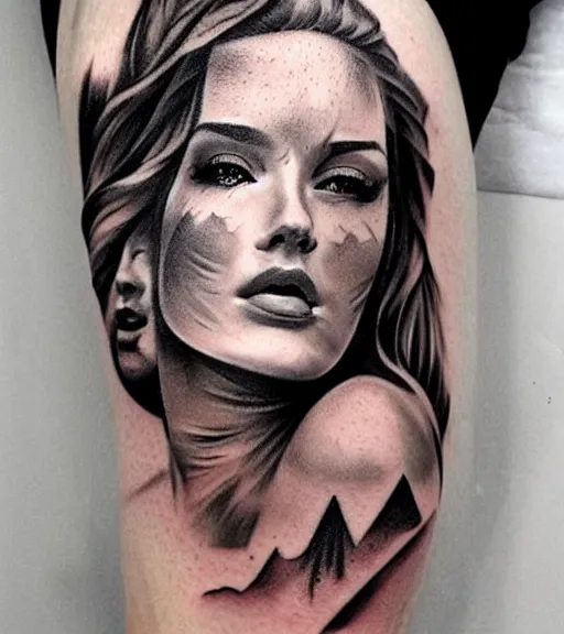 Image similar to tattoo design sketch of a beautiful woman face with a faded background of beautiful mountains and nature on her side, hyper - realistic, in the style of den yakovlev, amazing detail, black and white