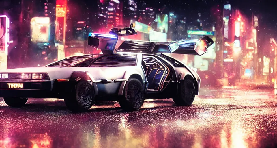 Image similar to a 2 8 mm closeup photo of a tela tron neon delorean back to the future car on wet city street at night, intricate, hyper detailed, smooth, high contrast, neon, volumetric lighting, octane, moebius, greg rutkowski, blade runner, ripley scott, mad max, cindmatic