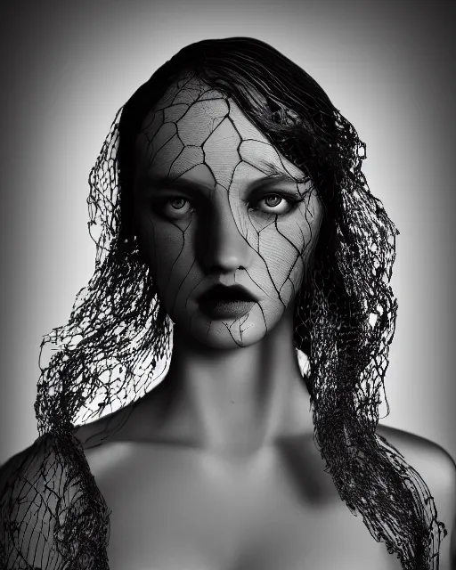 Image similar to surreal mythical dreamy dark artistic black and white fine art photo of a beautiful young female angel - mermaid - cyborg covered with translucent algae lace web, rim light, cinematic, studio dramatic light, poetic, octane render, 8 k, photo - realistic, by floria sigismondi