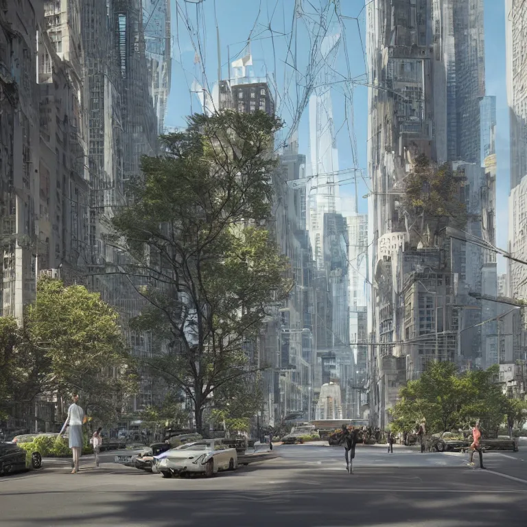 Prompt: octane render portrait by wayne barlow and carlo crivelli and glenn fabry, a perfect beautiful utopian futuristic walkable new york city neighborhood with trees and plants and beautiful architecture and happy futuristic cool new yorkers, cinema 4 d, ray traced lighting, very short depth of field, bokeh