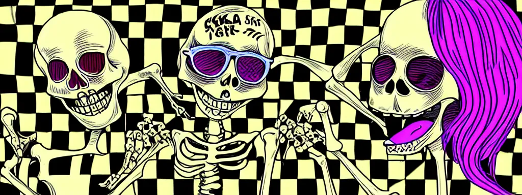 Prompt: ska skeleton and girlfriend, 8 0 s checkerboard 6 6 6, digital art, chalk, ultra detailed by tara mcpherson and gary houston, 5 0 mm