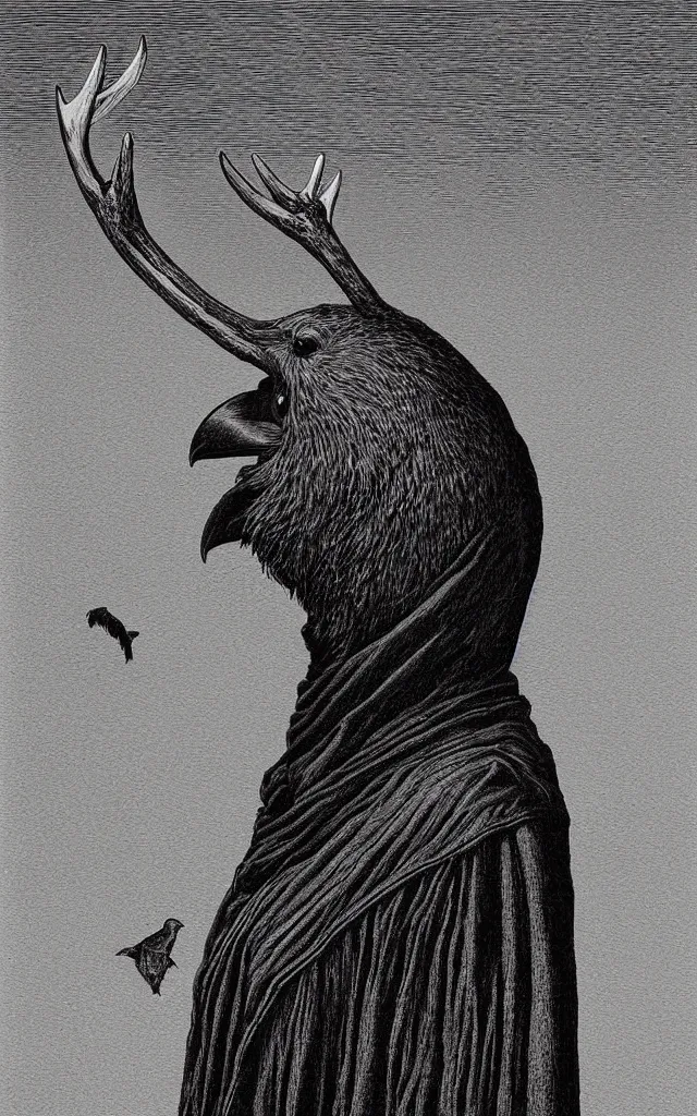 Prompt: a vibrant ultraclear sideview waist up portrait of raven with big antler wearing black cape hoodie by rene magritte, etching by gustave dore, by laurie greasley, colorful flat surreal, ethereal, intricate, sharp focus, illustration, highly detailed, digital painting, concept art, masterpiece