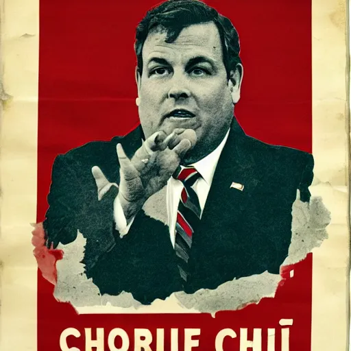 Image similar to chris christie. soviet propaganda poster. soviet realism. monochromatic red. cheap printing, fading ink, torn edges