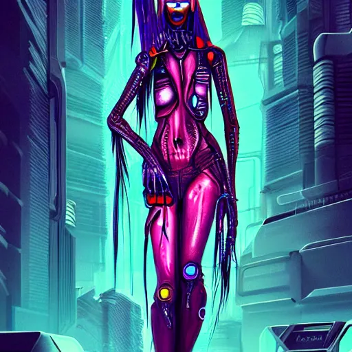 Image similar to cyberpunk fashion illustration, alien, beautiful, vivid colours, artistic sketch, hd, detailed, digital painting