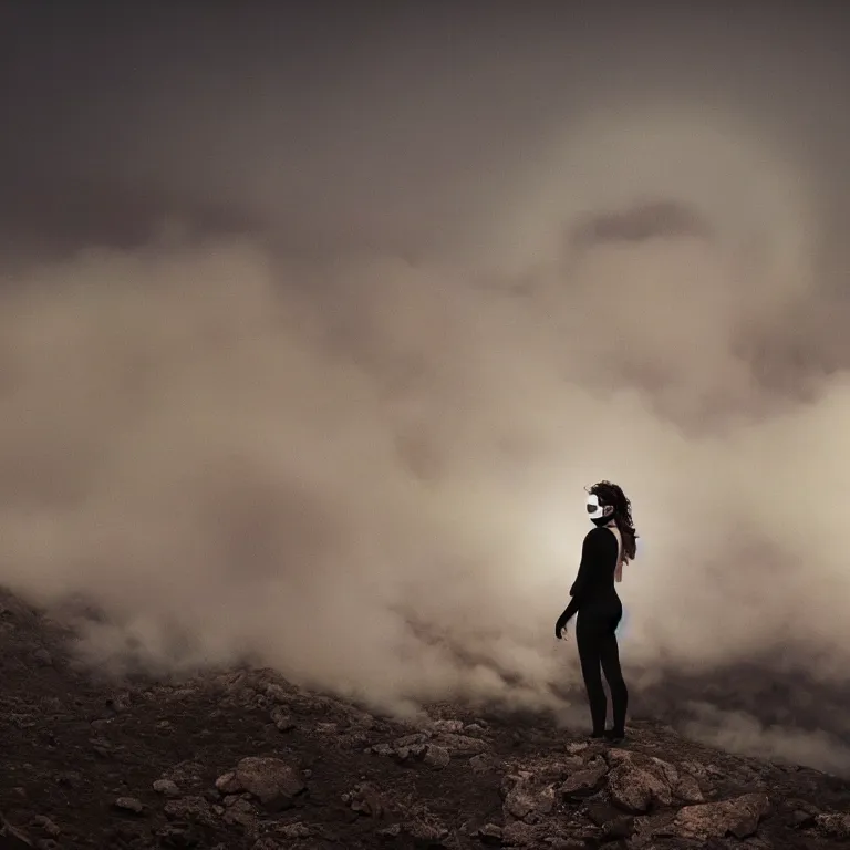 Image similar to The full body shot of beautiful pale woman with many flowers and full-face black mask inside a thick cloud black smoke in rocky desert landscape, glowing eyes, falling star on the horizon by Christopher Doyle, Gaspar Noe, Alejandro Jodorowsky, anamorphic lens, cinematic composition, award winning photo, 8k