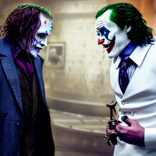 Prompt: A still of Johnny Depp talking with The Joker on a premiere, 4k, highly detailed, photograph, photoreal, professional lighting, promo shoot, award winning