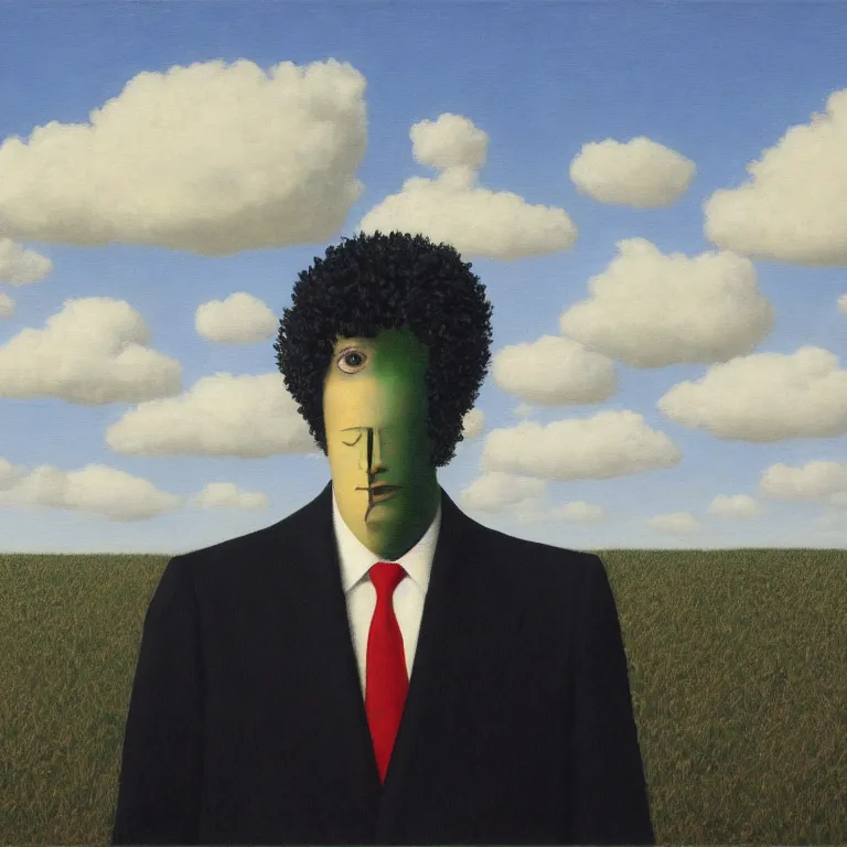 Image similar to portrait of a faceless shadow - head man with messy hair in a suit, clouds in the background, by rene magritte, detailed painting, distance, middle centered, hd, hq, high resolution, high detail, 4 k, 8 k