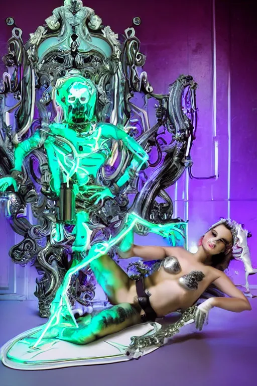 Image similar to full-body rococo and cyberpunk style neon statue of a muscular attractive Roberto macho dotado e rico android sim roupa reclining con las piernas abertas e la piroca dura liete, glowing white laser eyes, prince crown of mint gears, diamonds, swirling silver-colored silk fabric. futuristic elements. full-length view. space robots. human skulls. intricate artwork by caravaggio. Trending on artstation, octane render, cinematic lighting from the right, hyper realism, octane render, 8k, depth of field, 3D