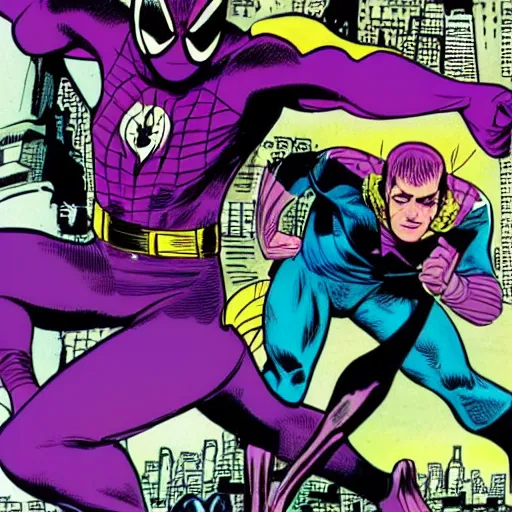 Image similar to a purple spiderman and purple batman by jack kirby