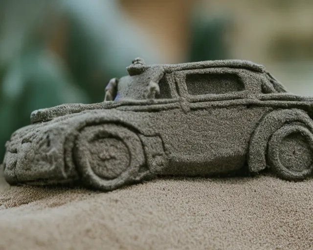 Prompt: 8 5 mm food photography of a car made of sand near a garden with dof and bokeh and flowers o