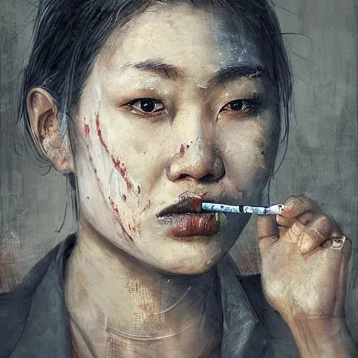 Image similar to a portrait painting by cedric peyravernay of a harded asian female spy, with scars and a dirty face, smoking a cigarette as she stares menacingly