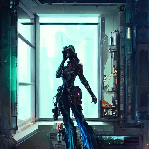 Prompt: portrait of cyberpunk woman looking out of a window, cyberpunk setting, futuristic, highly detailed, intricate lighting, digital painting, sharp focus, illustration, trending on artstation, art by peter mohrbacher.